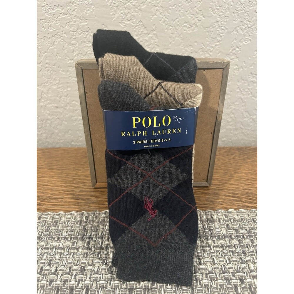 Polo Ralph Lauren Boys Trouser Socks 3 Pair Argyle Black Gray Tan Size 8 - 9.5